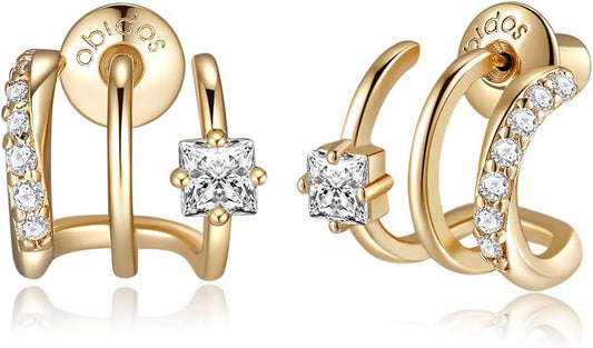 14K Gold Plated Triple Huggie Illusion Stud Earrings | Double Huggie Hoop Earrings for One Hole | Gold Hoop Earrings for Women