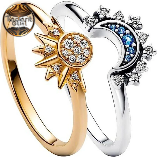  2024 New Couple Ring Set featuring Sky Blue Sparkling Moon and Sun Design, Women's Stackable Finger Set, Engagement Jewelry, 2 Pieces/Set